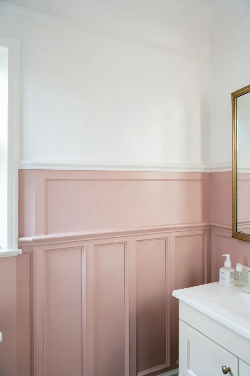 Soft pink painted wainscoting with white chair rail molding in a traditional bathroom, adding architectural detail and warm color