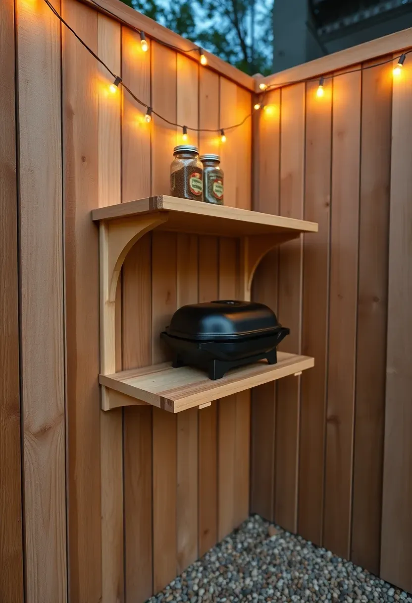 Wooden fold-out shelf mounted to a cedar privacy fence with a small portable grill on top, spice jars on a narrow ledge, and string lights above