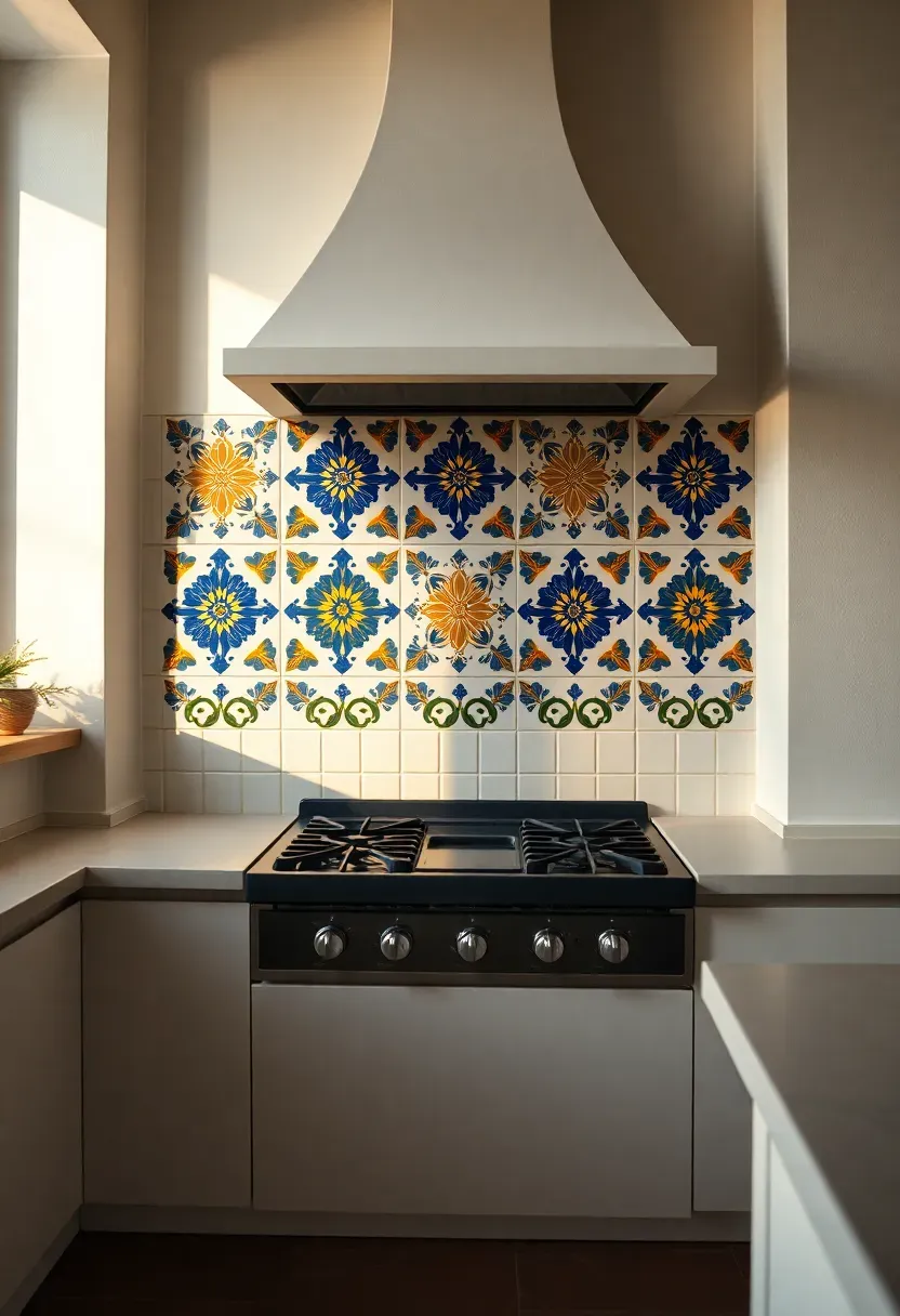 hand-painted Spanish ceramic tile backsplash with blue and yellow floral motifs in a Mediterranean kitchen