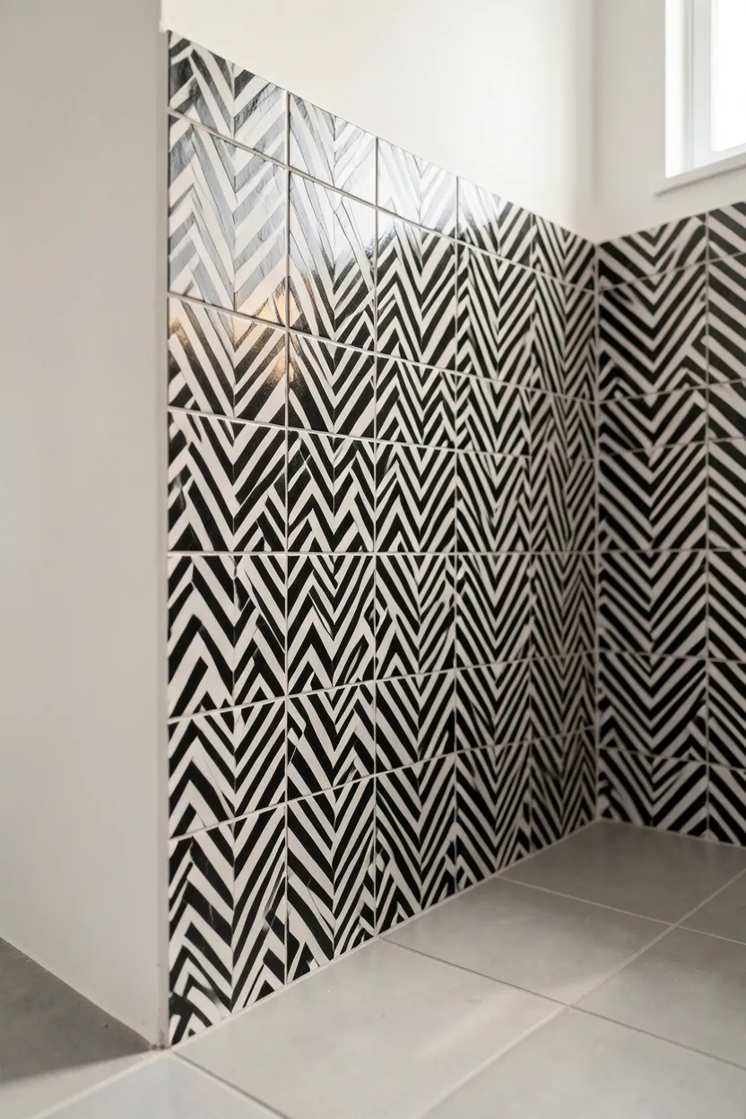 Black and white geometric floor tile pattern in a modern bathroom — chevron design with solid white walls and matte black vanity