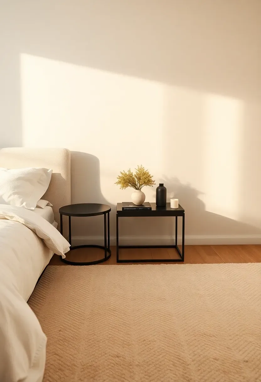 White upholstered headboard with black side tables