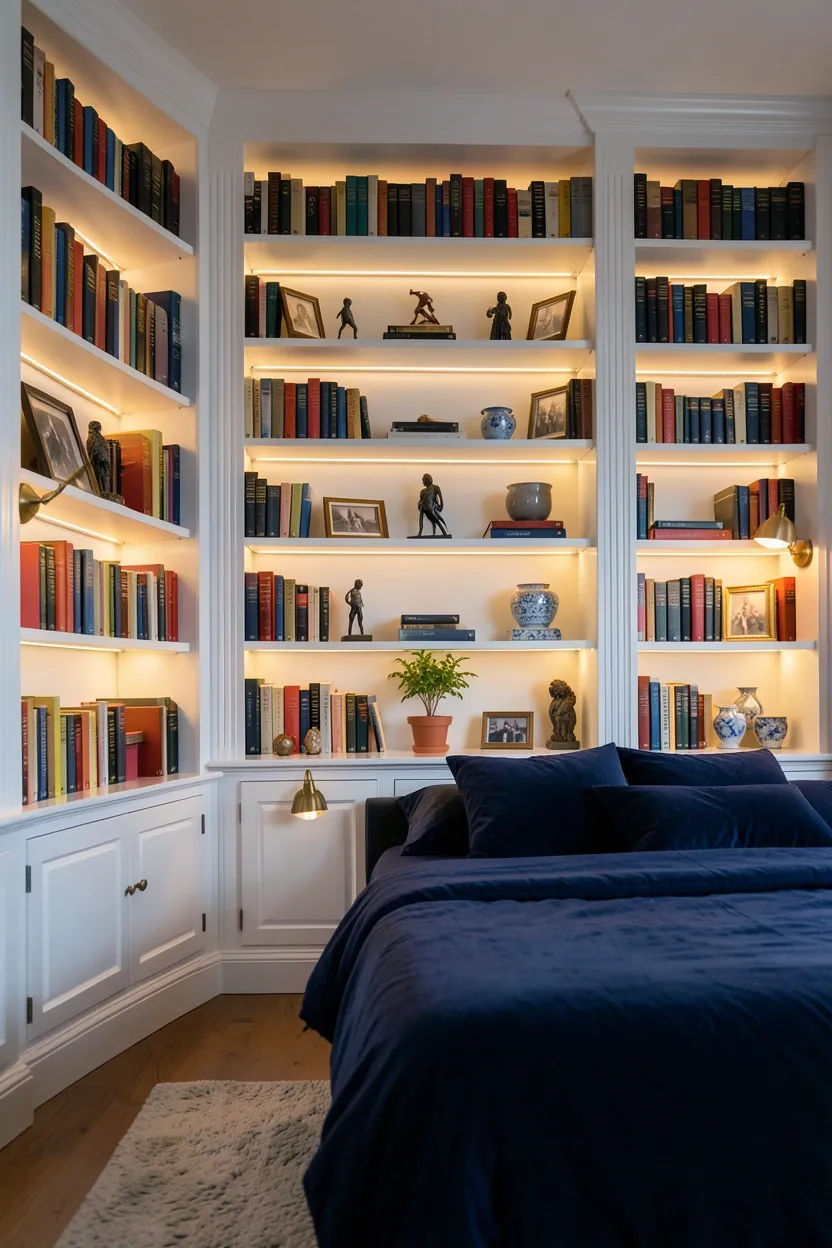 Hyper-realistic eye-level photograph of a maximalist bedroom featuring floor-to-ceiling built-in bookcases flanking the bed, filled with books arranged by color and interspersed with decorative objects: small sculptures, framed photographs, a potted plant, and collected ceramics. Warm LED strip lighting inside the shelves illuminates the display. Materials: white painted bookcases, velvet navy duvet on bed, brass wall sconces, books in various colors. Soft warm light from bookcase fixtures creating ambient glow and highlighting displayed objects. Coherent mood: curated and personal maximalist bedroom with dramatic storage-display hybrid. Shallow depth of field, sharp details on bookshelf contents, balanced composition showing bed and room context. No text, no logos, no watermarks.</p>
