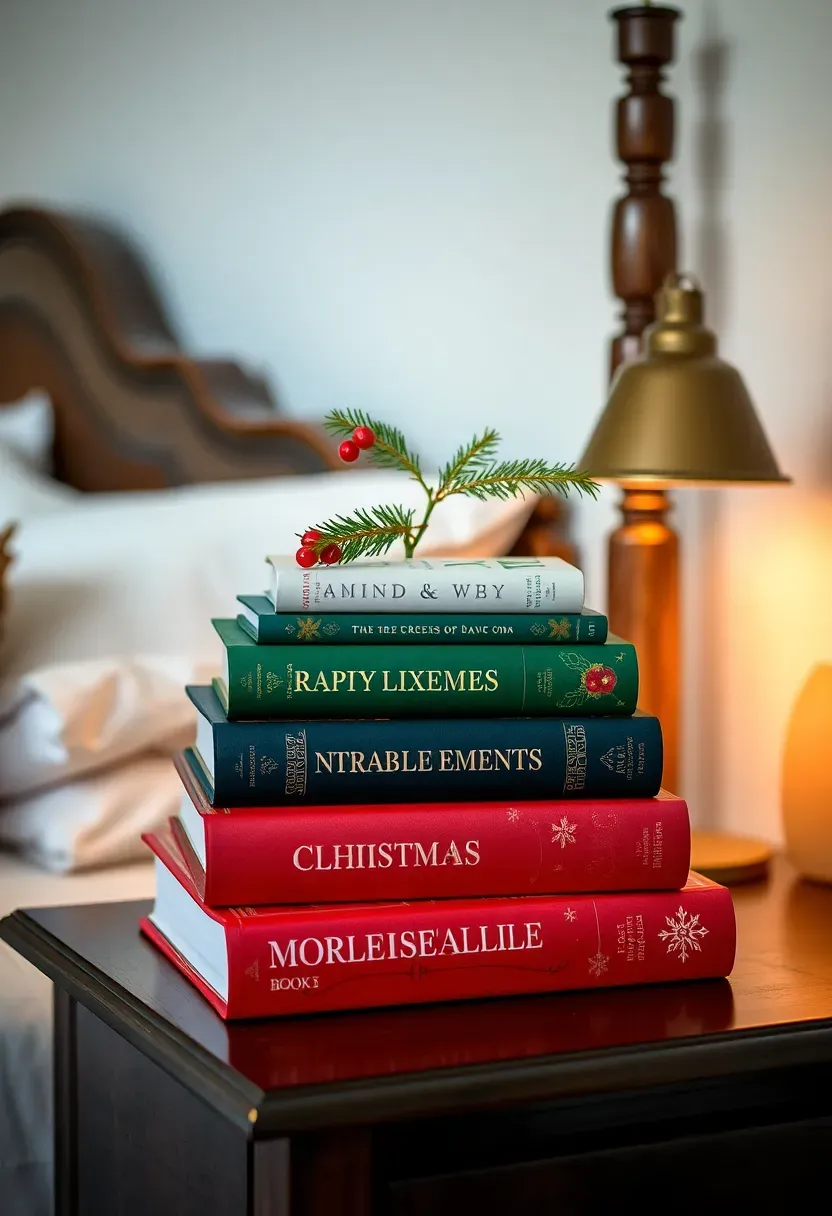 Hyper-realistic 3/4 view of bedroom nightstand with stack of four Christmas books. Largest book on bottom with red cover featuring white typography, middle books in green and gold, smallest white book on top. Small pine sprig and red berry accent on top book. Warm lamp glow beside stack. Dark wood nightstand, white bedding beyond, white walls. Materials: hardcover books, fresh pine, red berries, wood nightstand. Warm lamp light, book spines creating color story. Literary Christmas decor. Shallow depth of field, sharp details on book covers. No text, no logos, no watermarks.</p>