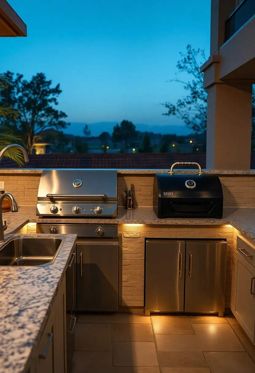 Hyper-realistic 3/4 view of an outdoor kitchen with two built-in grills—a large gas grill and a smaller charcoal grill—separated by a double sink, with granite countertop spanning the entire wall, undercounter refrigerated drawers, and warm LED under-cabinet lighting. Materials: honed granite countertop, stainless steel appliances, stone veneer cabinetry. Dusk with warm lighting starting to glow, neutral palette with metallic accents. Serious entertaining mood, shallow depth of field with sharp focus on both grills and sink, landscape lighting visible beyond. No text, no logos, no watermarks.</p>