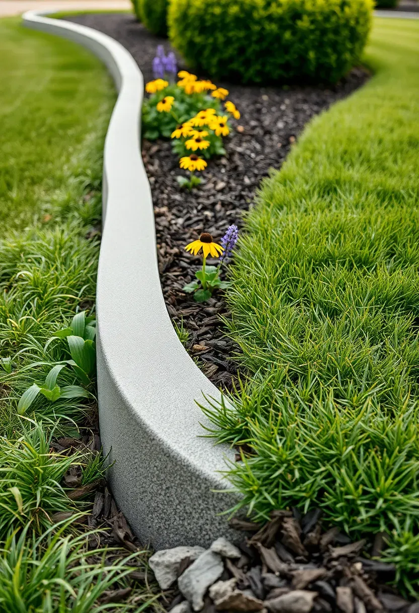 Clean curved concrete edging separating a manicured lawn from a mulched garden bed with flowering perennials in a sunny backyard
