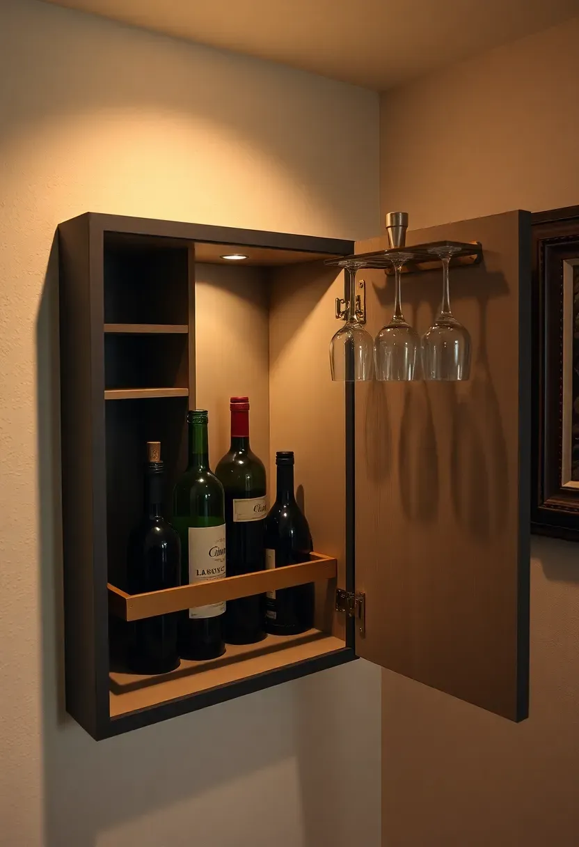Wall-mounted murphy bar in a basement folded down to reveal bottle storage, a narrow mixing surface, and stemware rack, with the closed position showing a flat panel