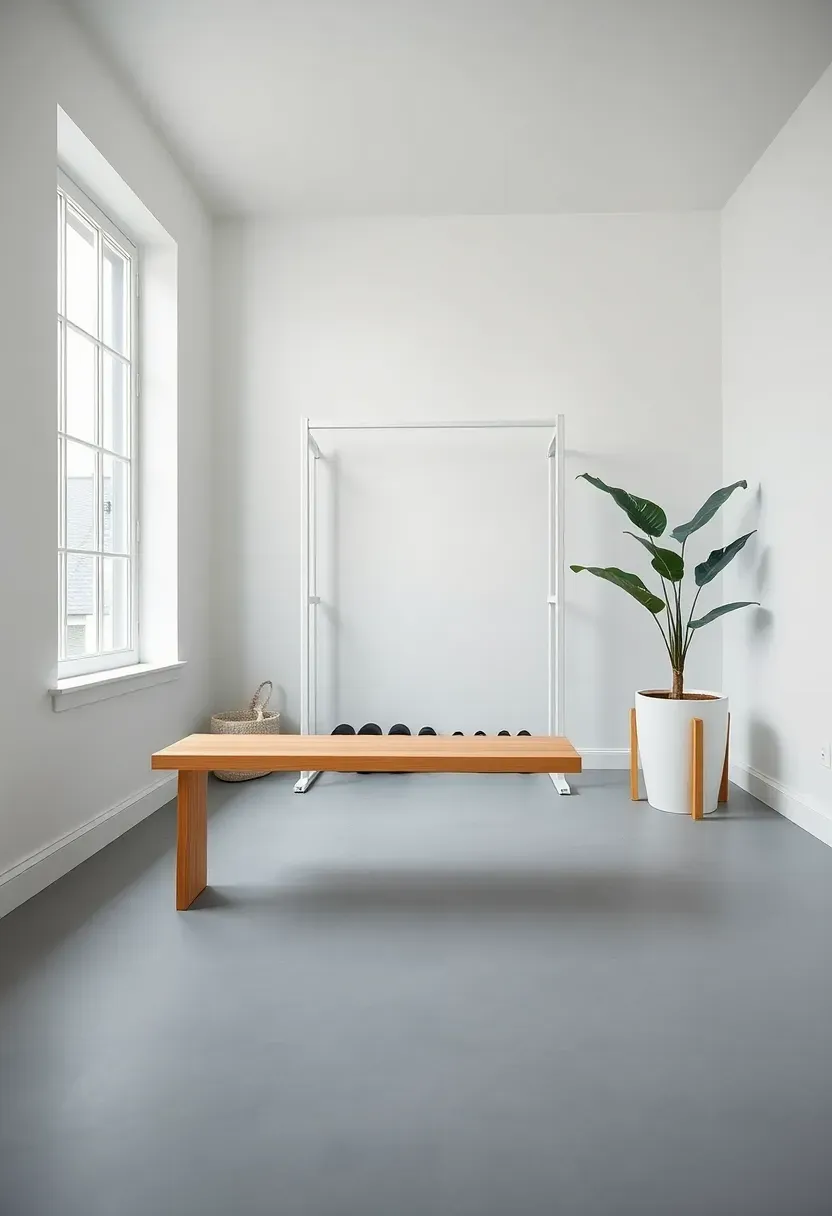Scandinavian minimalist home gym with white walls, pale oak bench, light gray equipment, and single potted plant