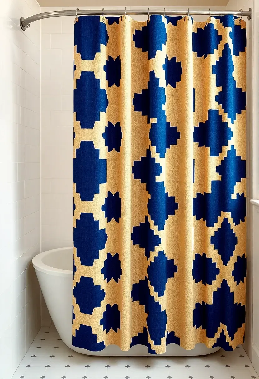Linen shower curtain hung high on a curved rod in a bright rental bathroom — easy budget refresh idea