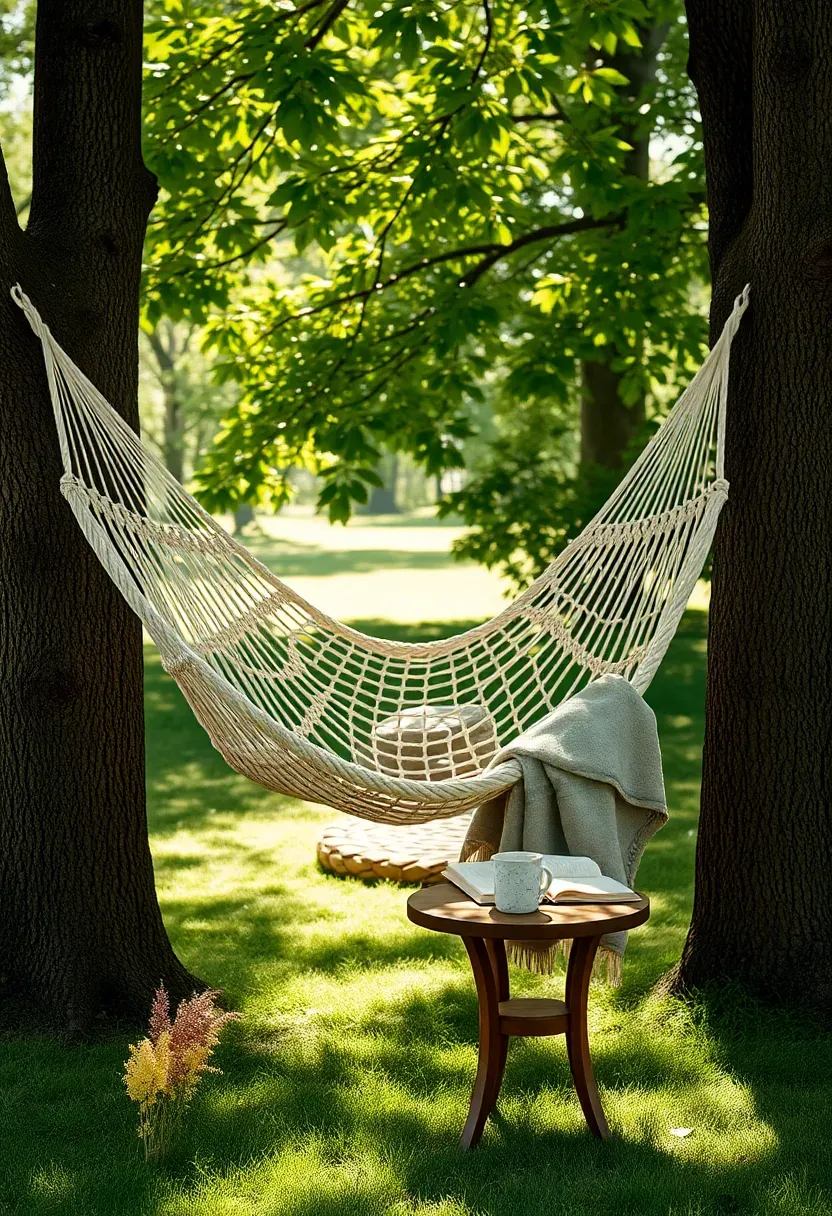 Cotton rope hammock strung between two mature trees with a small wooden side table, a folded blanket, and a book in dappled afternoon light