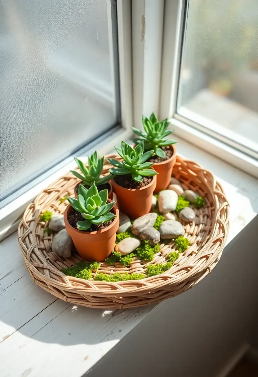 Woven bamboo tray arranged as an indoor garden with small potted succulents, moss, and pebbles