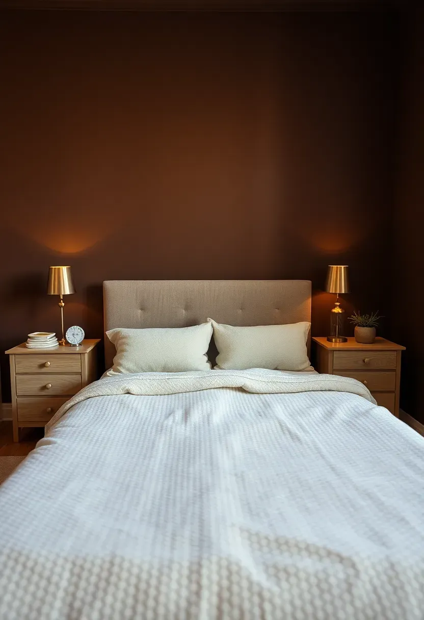 Hyper-realistic 3/4 view of cozy bedroom with chocolate brown walls, cream bedding on upholstered bed, maple nightstands with copper lamps, cream area rug. Materials: rich chocolate brown paint, cream textured bedding, light maple wood, brushed copper. Warm copper glow from lamps (2700K), soft natural light from window right. Cozy warm sanctuary mood, shallow depth of field with sharp bed details foreground. No text, no logos, no watermarks.</p>