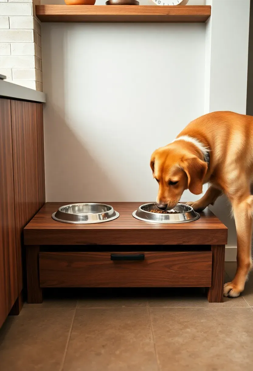 Modern kitchen corner with walnut elevated pet feeding station, two stainless steel bowls in routed recesses, storage drawer below, and golden retriever eating
