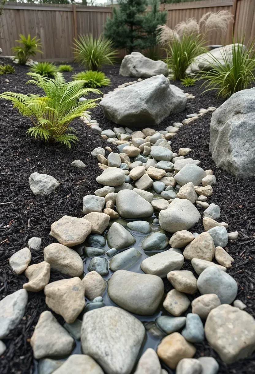 Dry creek bed made of river rock and smooth boulders winding through a backyard landscape with native ferns and grasses along the banks