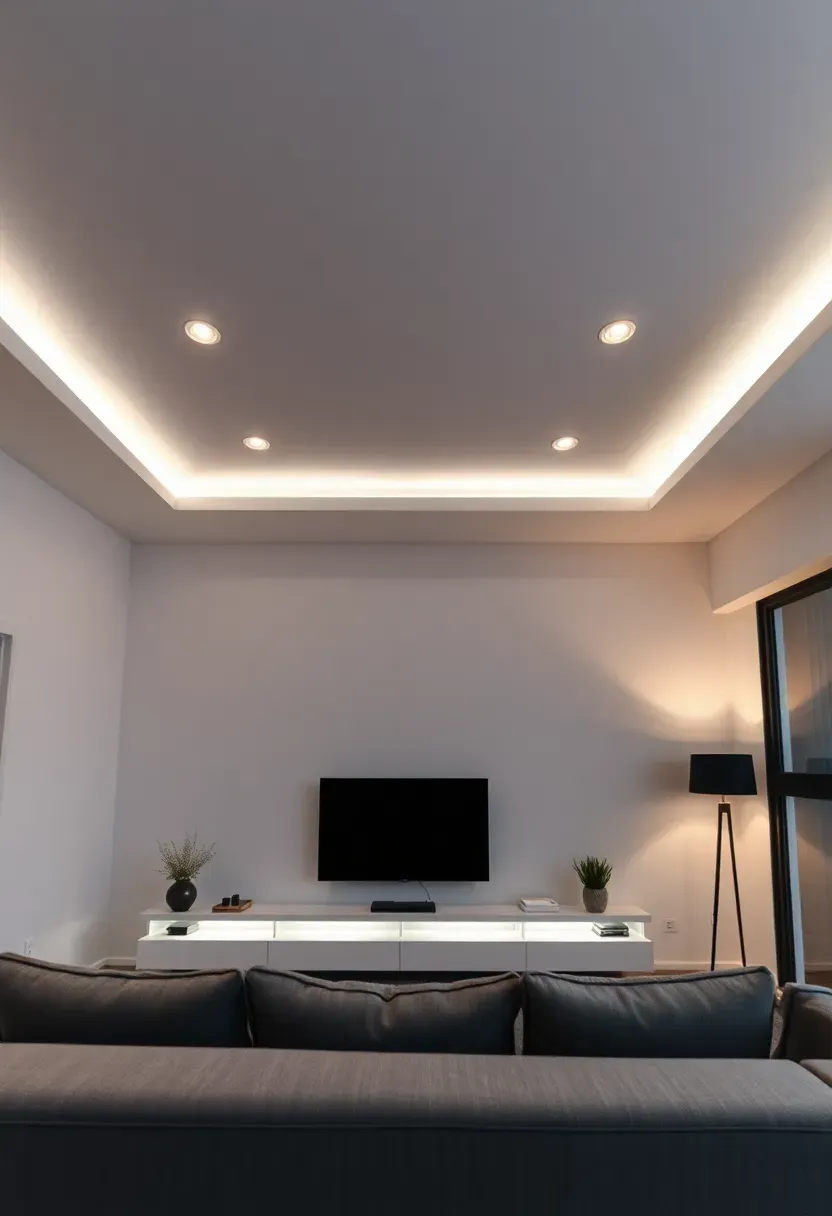 Hyper-realistic evening view of minimalist living room with recessed ceiling lights, LED strip under floating media console, subtle floor lamp in corner, layered lighting zones, white walls, gray sofa. Materials: white ceiling with recessed lights, LED strip lighting, dark floor lamp. Warm layered illumination, serene evening mood. Integrated lighting, shallow depth of field, no text, no logos.</p>