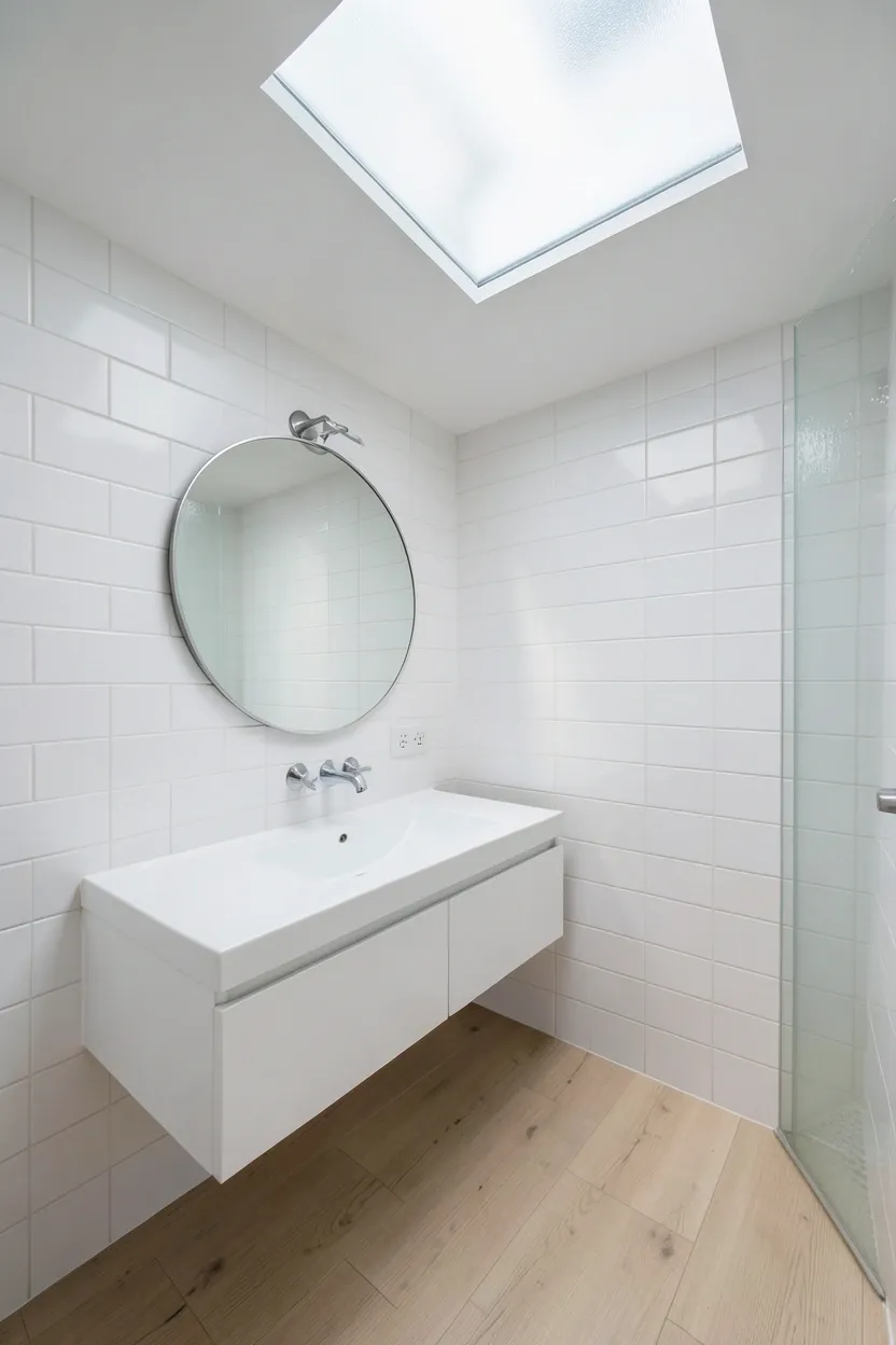 Small modern bathroom with frosted glass skylight flooding the space with natural light above white subway tile walls