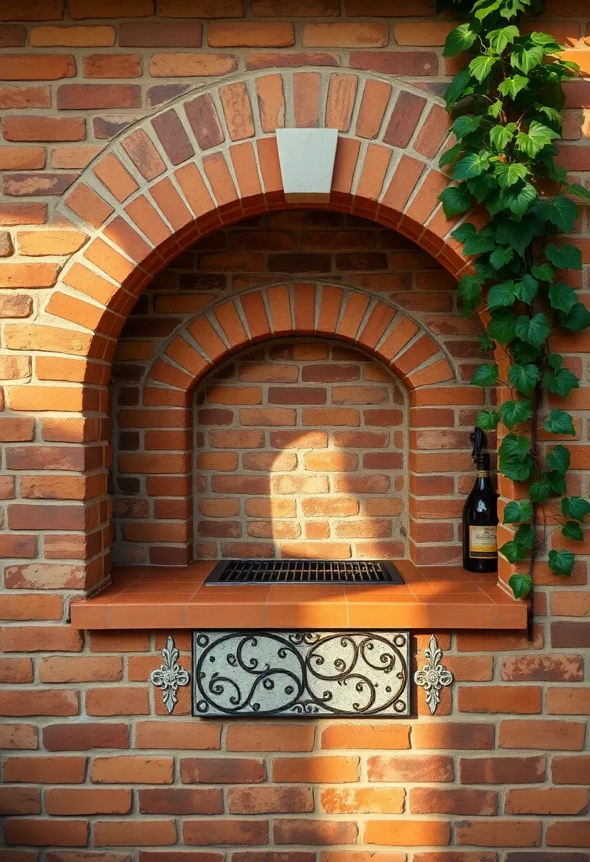 Summer kitchen built from reclaimed red bricks with an arched cooking alcove and a clay tile countertop