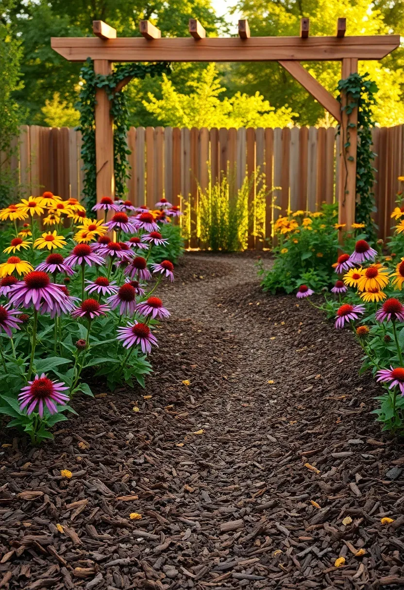 A backyard with wide mulched beds filled with blooming perennials like echinacea and black-eyed susan, a winding bark mulch path, and a rustic arbor entry
