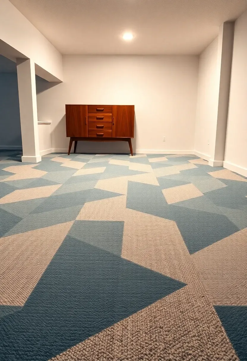 basement floor with geometric carpet tiles in alternating light gray and slate blue tones