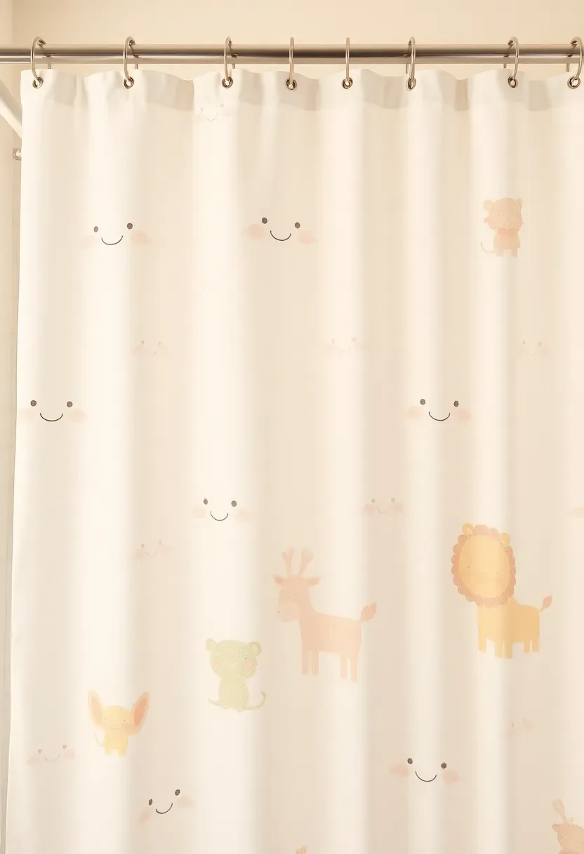 Colorful waterproof shower curtain with smiling cloud and rainbow animal design on white background in a kids' bathroom