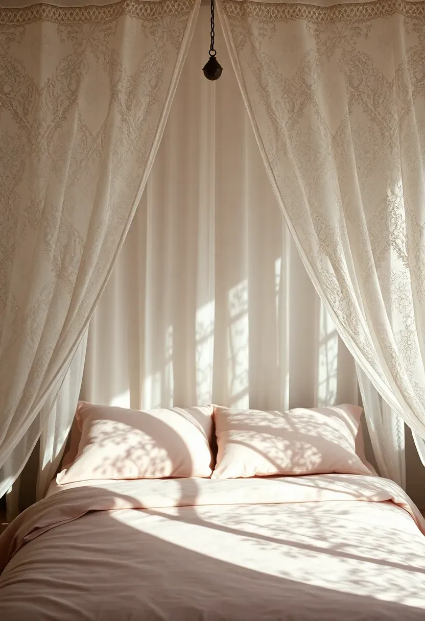 Romantic bedroom with vintage lace fabric draped as a canopy over the bed creating an intimate cocoon