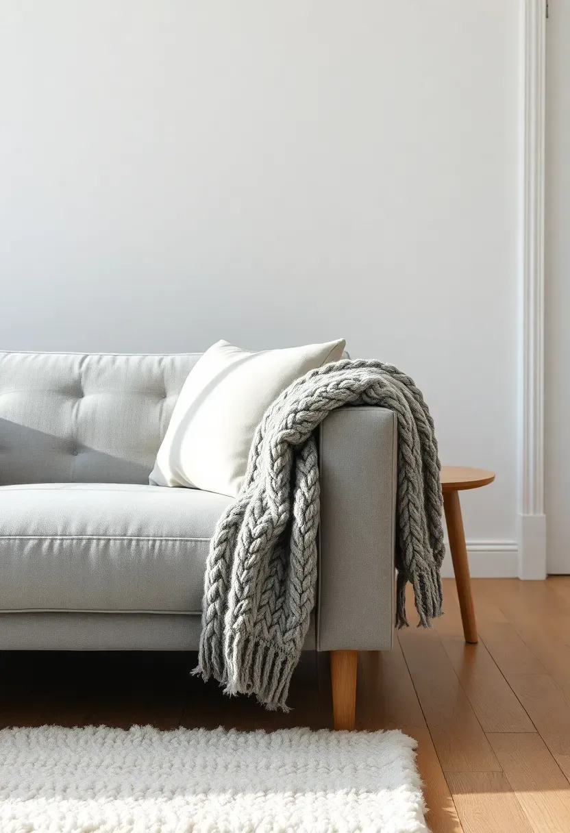 Hyper-realistic 3/4 view of Scandinavian-inspired minimalist living room with light gray sofa, white walls, light oak wood flooring, white wool area rug, chunky knit gray throw draped casually over sofa arm, simple wooden side table. Materials: smooth gray fabric, white plaster, light oak wood, chunky wool knit. Bright soft natural light (5500K), gentle shadows, cozy hygge atmosphere. Nordic minimalist mood, shallow depth of field, sharp details on layered textiles, functional simplicity, no clutter, no text, no logos.</p>