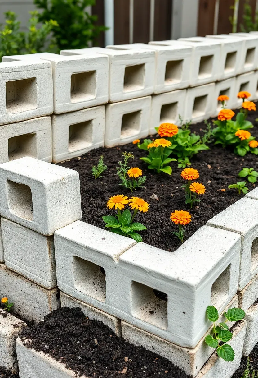 Raised garden bed built from stacked standard concrete blocks in a backyard, with a clean geometric form, painted white, planted with colorful flowers and herbs