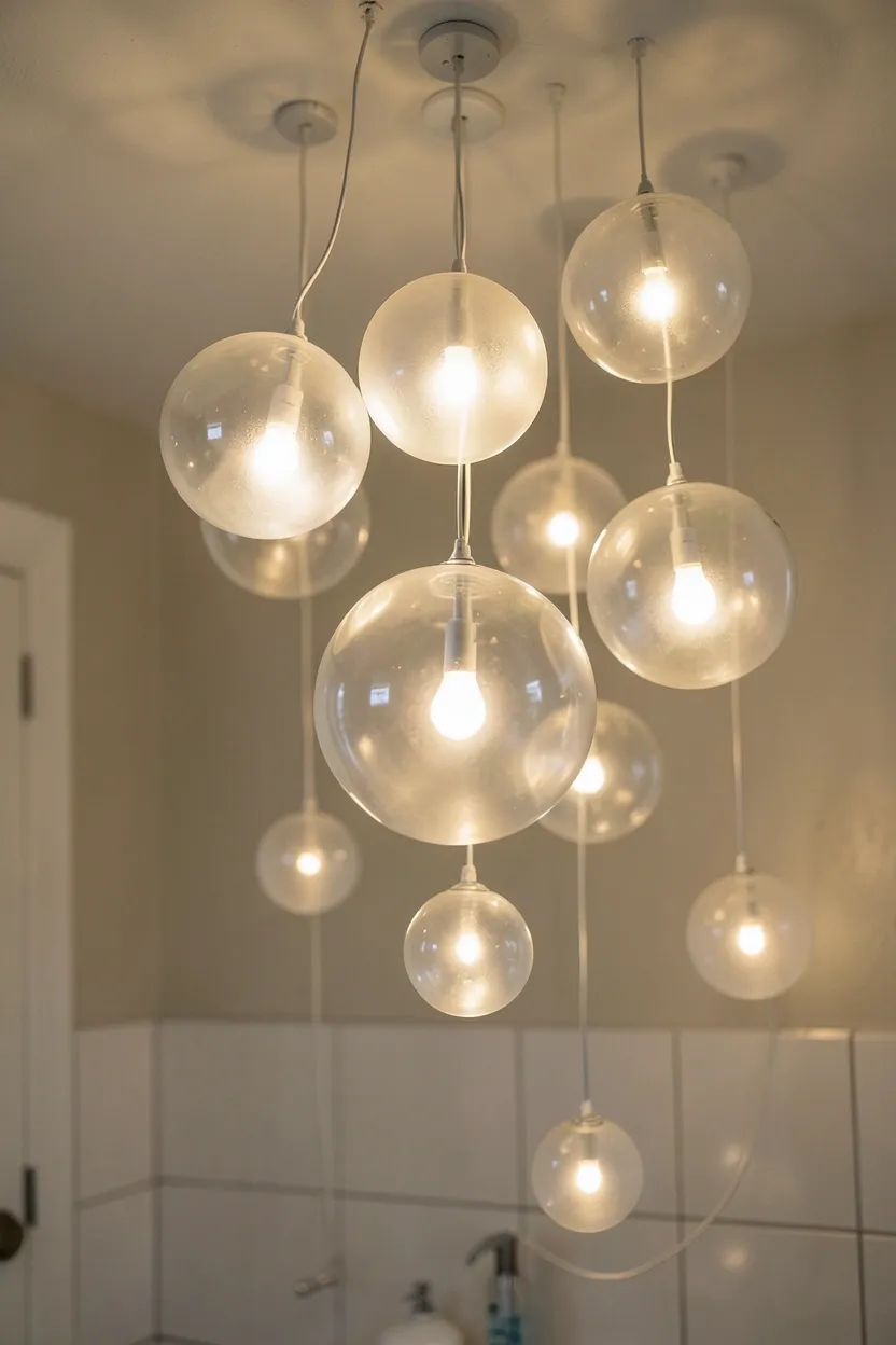 Cluster of glass sphere pendant lights in varying sizes above a bathroom vanity creating a dreamy bubble effect