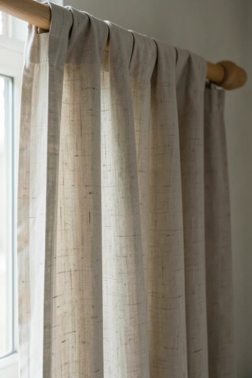 Soft cream linen drapes on a natural wooden curtain rod framing a sunlit window in a cozy rental living room