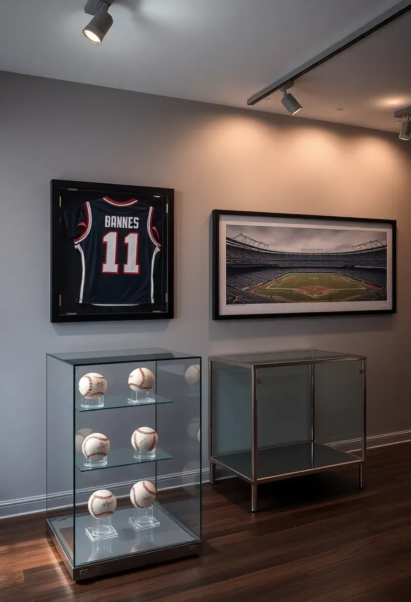 Sports memorabilia gallery man cave with framed jerseys, signed baseballs in display cases, stadium photography prints, track lighting, and a central display island