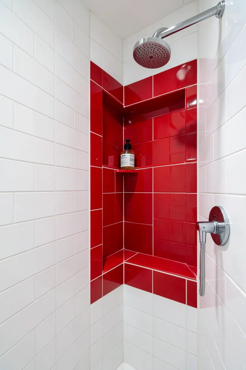Hyper-realistic eye-level photograph of a modern colorful bathroom shower showing built-in tiled niche in vibrant red, surrounded by white subway tile walls with white grout, chrome shower head, glass bottle of shampoo in niche. Natural light. Materials: vibrant red ceramic tiles, white grout, white ceramic tiles, chrome fixtures. Bold red shower niche. Dramatic color accent. Clean modern aesthetic. No text, no logos, no watermarks.