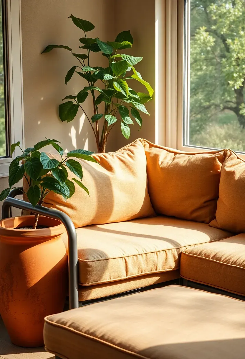 All-weather upholstered sectional sofa in enclosed sunroom in warm linen fabric with outdoor performance rating, green plants around