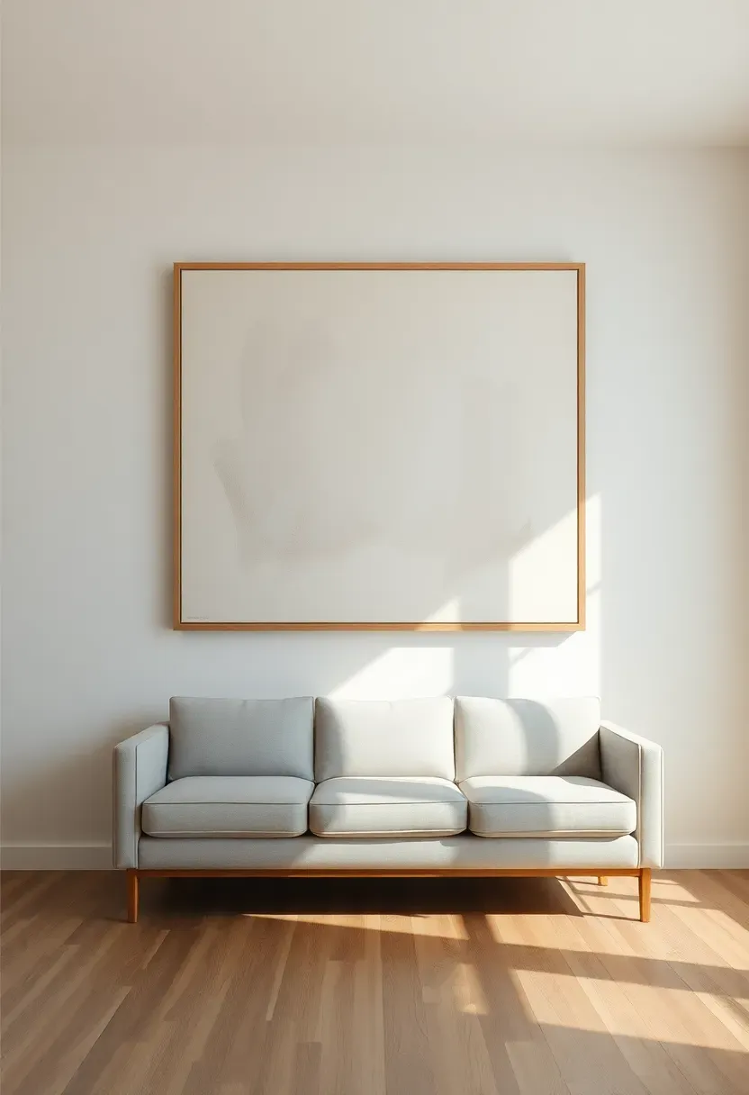 Hyper-realistic straight-on view of a minimalist living room wall with one large abstract artwork as focal point. Materials: oversized canvas with subtle warm gray and cream abstract composition, simple natural wood frame, white walls, light oak floor. Natural light from window side casting soft shadows on frame art. Clean uncluttered space with simple low-profile sofa beneath artwork. Visible room context showing minimalist furniture arrangement. Sharp focus on artwork texture and frame. No text, no logos, no watermarks.</p>