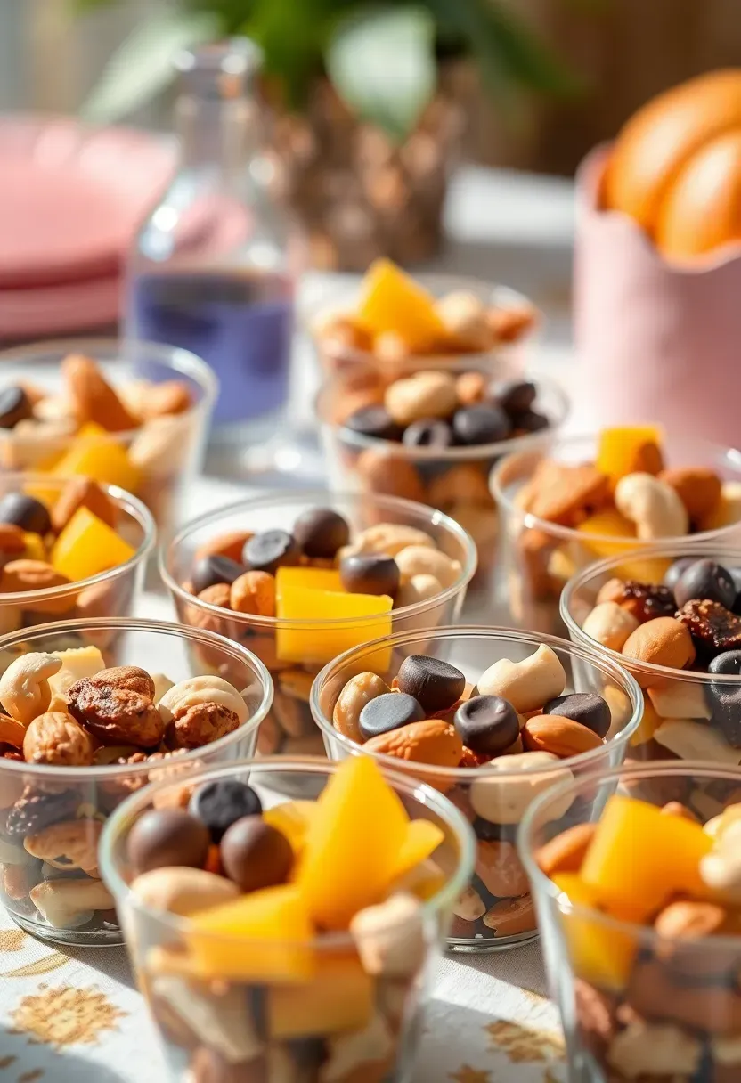 individual trail mix snack cups with nuts dried fruit chocolate chips and coconut arranged on a decorated table at a baby shower