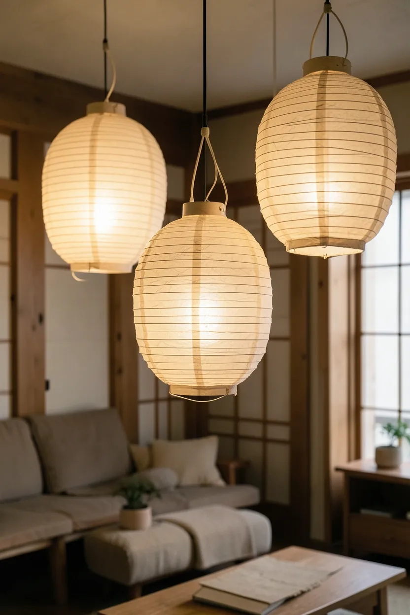 White rice paper lantern pendant lights casting warm ambient glow in a calm wabi sabi living room