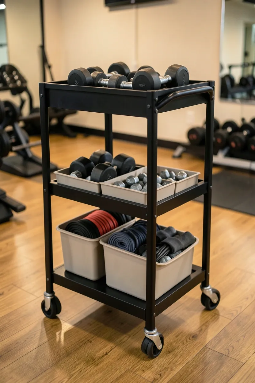Metal rolling cart with three tiers holding dumbbells, resistance bands, and yoga accessories — portable home gym storage idea perfect for renters