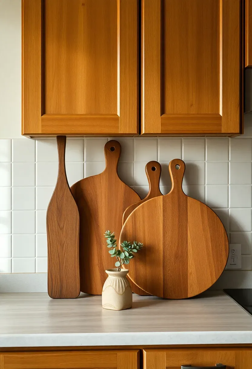 Layered wooden cutting boards and bread paddles displayed above kitchen cabinets