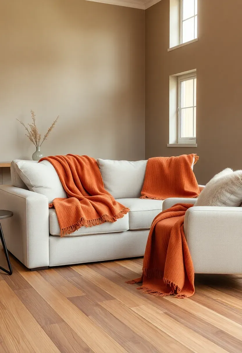 Hyper-realistic 3/4 view of an earthy modern living room featuring soft terracotta throws (muted orange-brown with pinkish undertones) draped casually across neutral beige linen sofa.