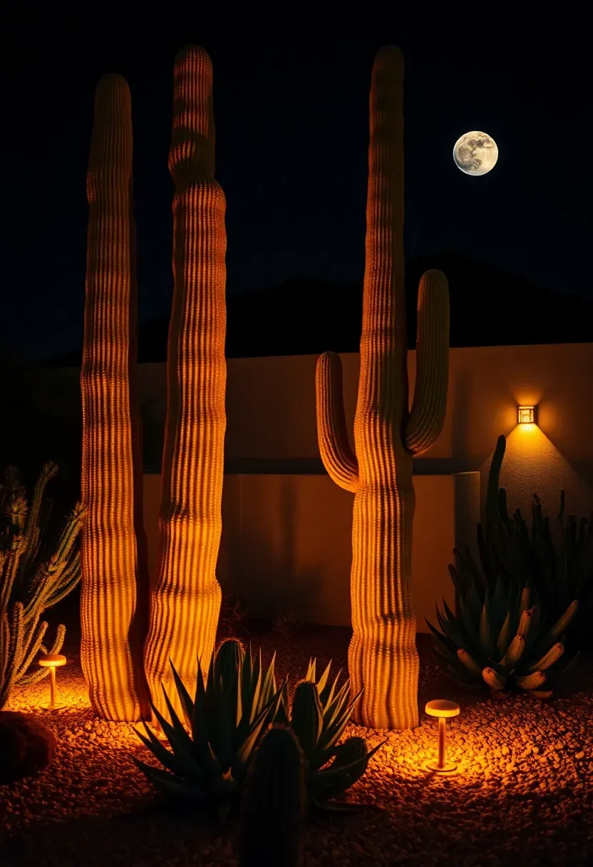 Nighttime cactus garden illuminated by warm uplighting on saguaros, barrel cacti, and agaves with a full moon rising over a desert mountain silhouette