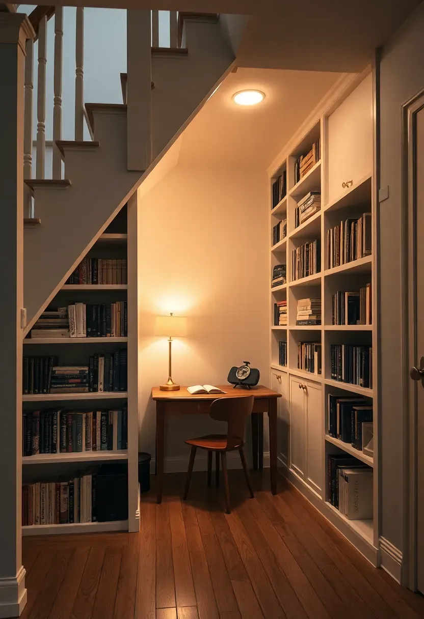 Hyper-realistic 3/4 view of under-staircase library with built-in bookshelves following stair slope, small desk and chair, lamp, books arranged on shelves. Materials: white painted built-ins, wood desk, matte books, brass lamp, wood floor. Warm ambient lighting from overhead fixture and nearby window, soft shadows under stairs. Unique architectural composition, sharp shelf details, cozy enclosed feel, visible stair structure above. No text, no logos, no watermarks.</p>