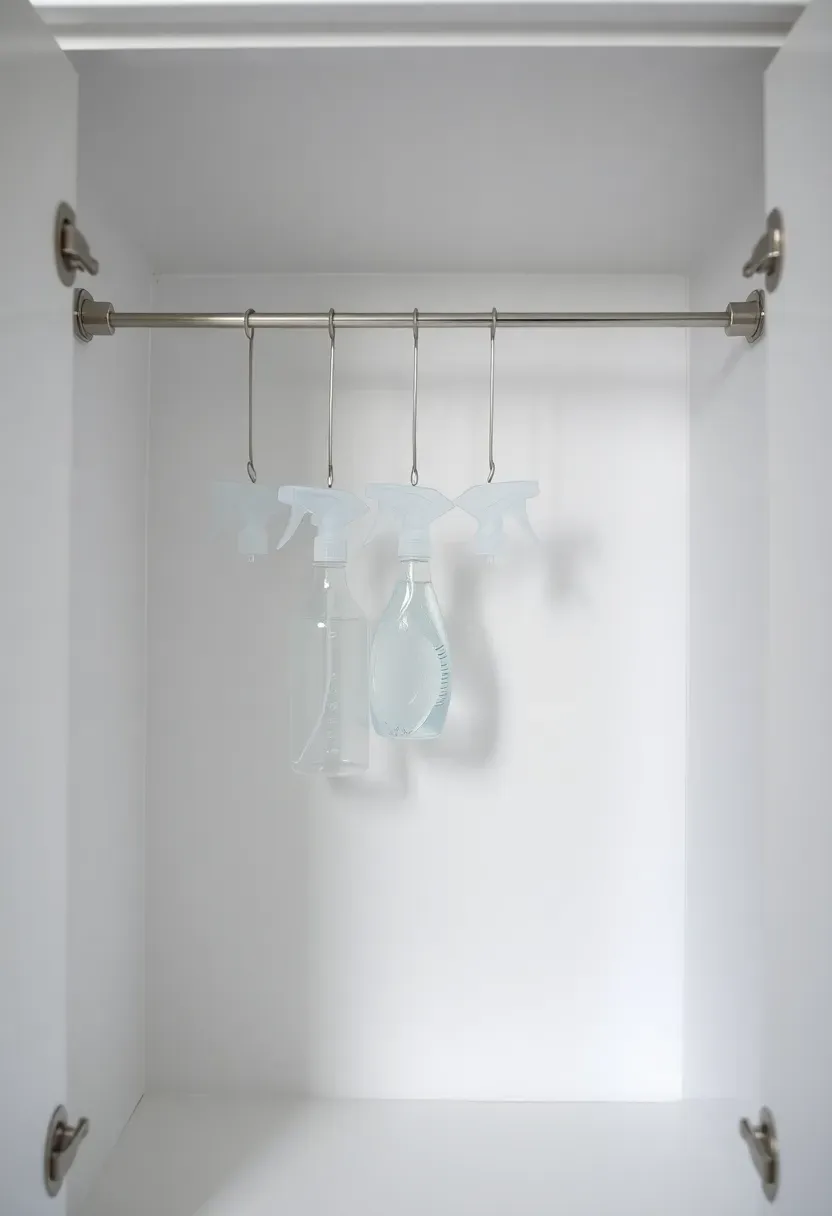 Tension rod installed near the top of a bathroom cabinet with spray bottles hanging by their triggers above empty shelf space
