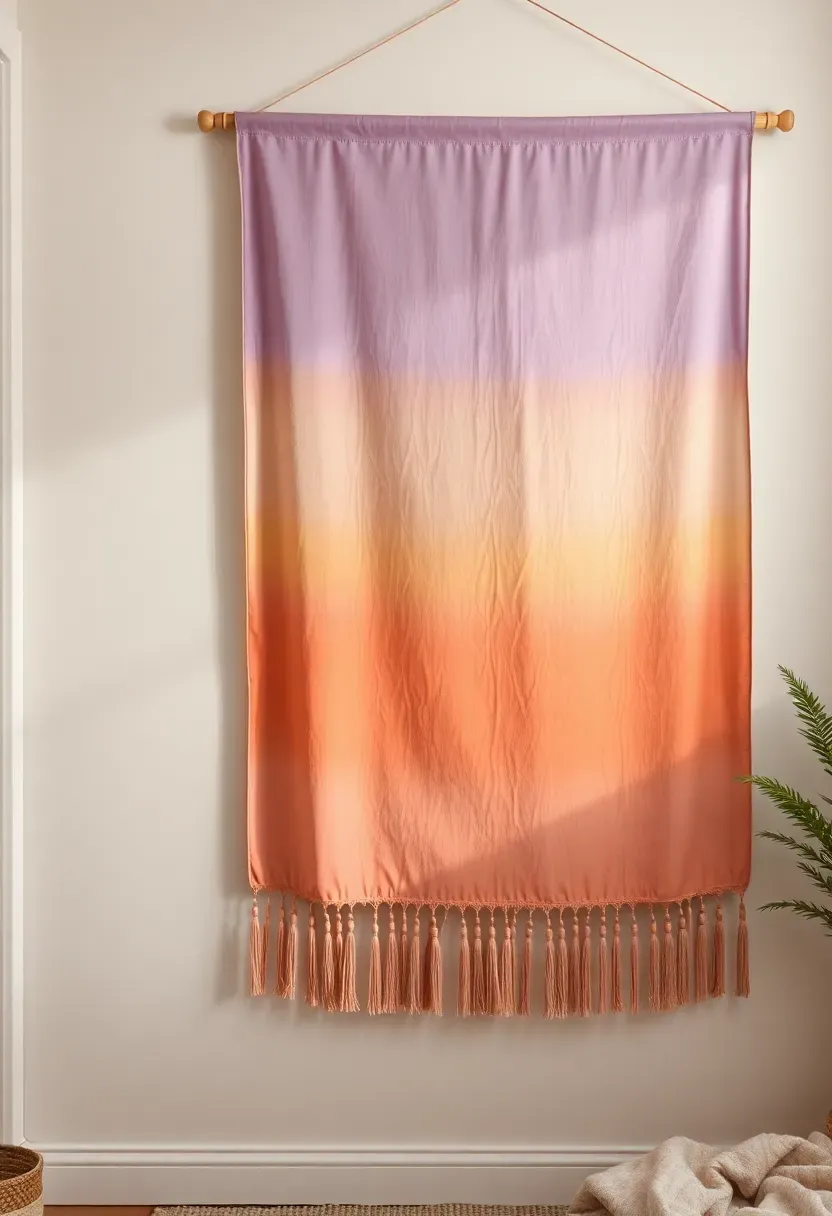 Large hand-painted fabric tapestry wall hanging in warm earth tones above a teen bed, cozy bohemian bedroom decor