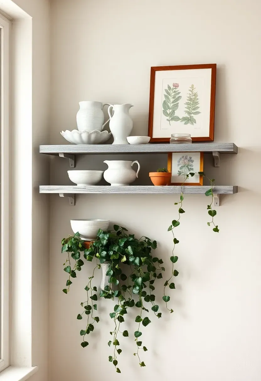 Pair of long weathered wood floating shelves on a dining room wall displaying vintage crockery, small framed prints, and trailing ivy in a shabby chic setting