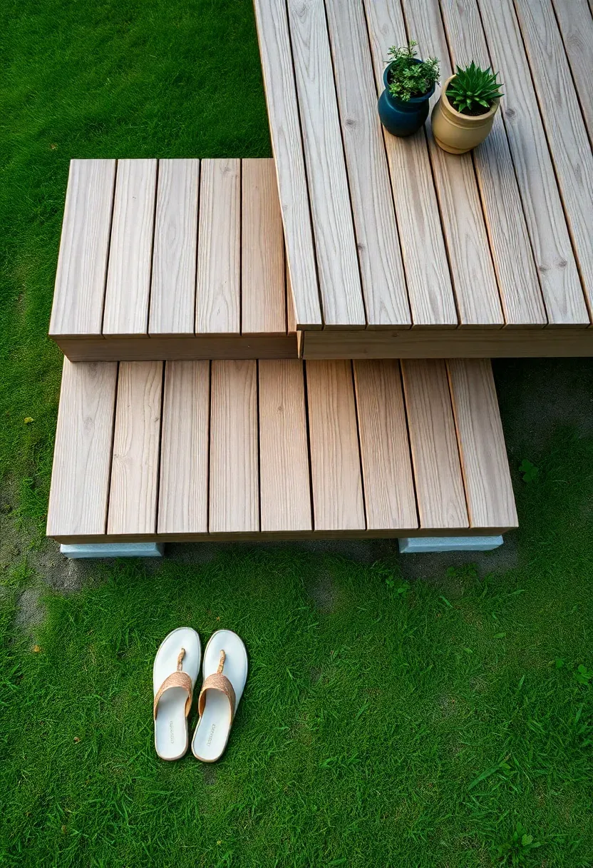 Ground-level two-tier cedar deck with a shallow one-step transition between levels in a flat backyard with no railings needed