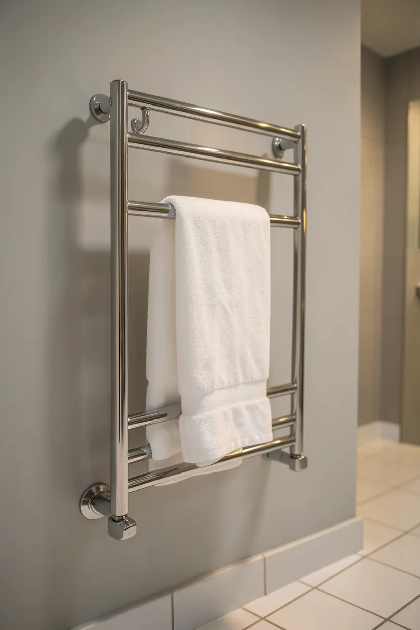 Chrome heated towel rack mounted on a bathroom wall holding white folded towels in a compact space