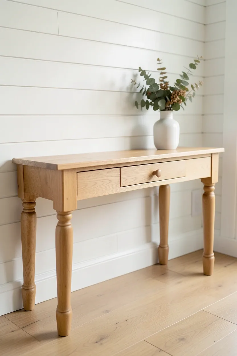 Simple wood and metal console table against a white wall in a renter-friendly farmhouse living room