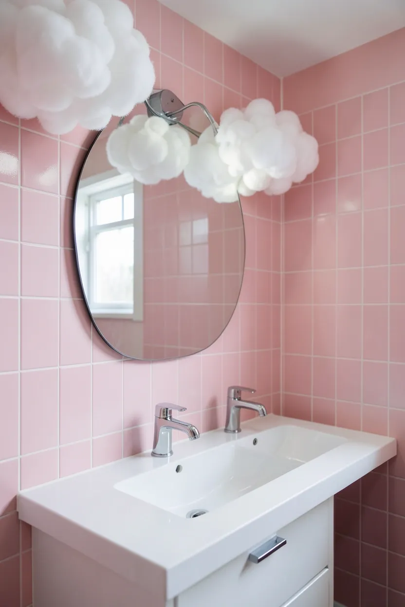 Toca Boca bubblegum pink bathroom with white cloud wall decals, fluffy towels, and cloud-shaped mirror
