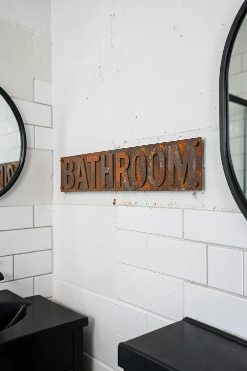 Hyper-realistic eye-level photograph of weathered steel bathroom sign mounted on white concrete wall. Industrial-style sign with lettering reading 