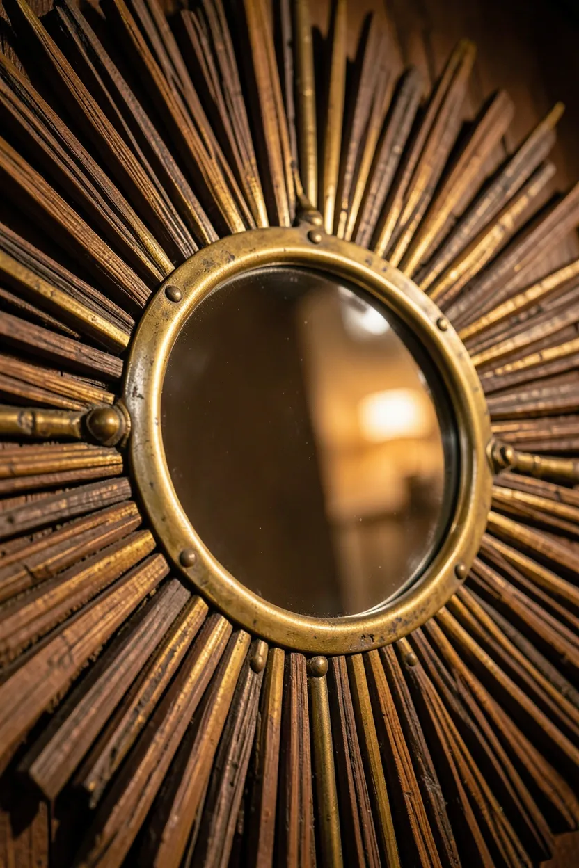 Antique brass sunburst mirror with radiating wooden rays on a beige wall above a teak console in a Nordic living room