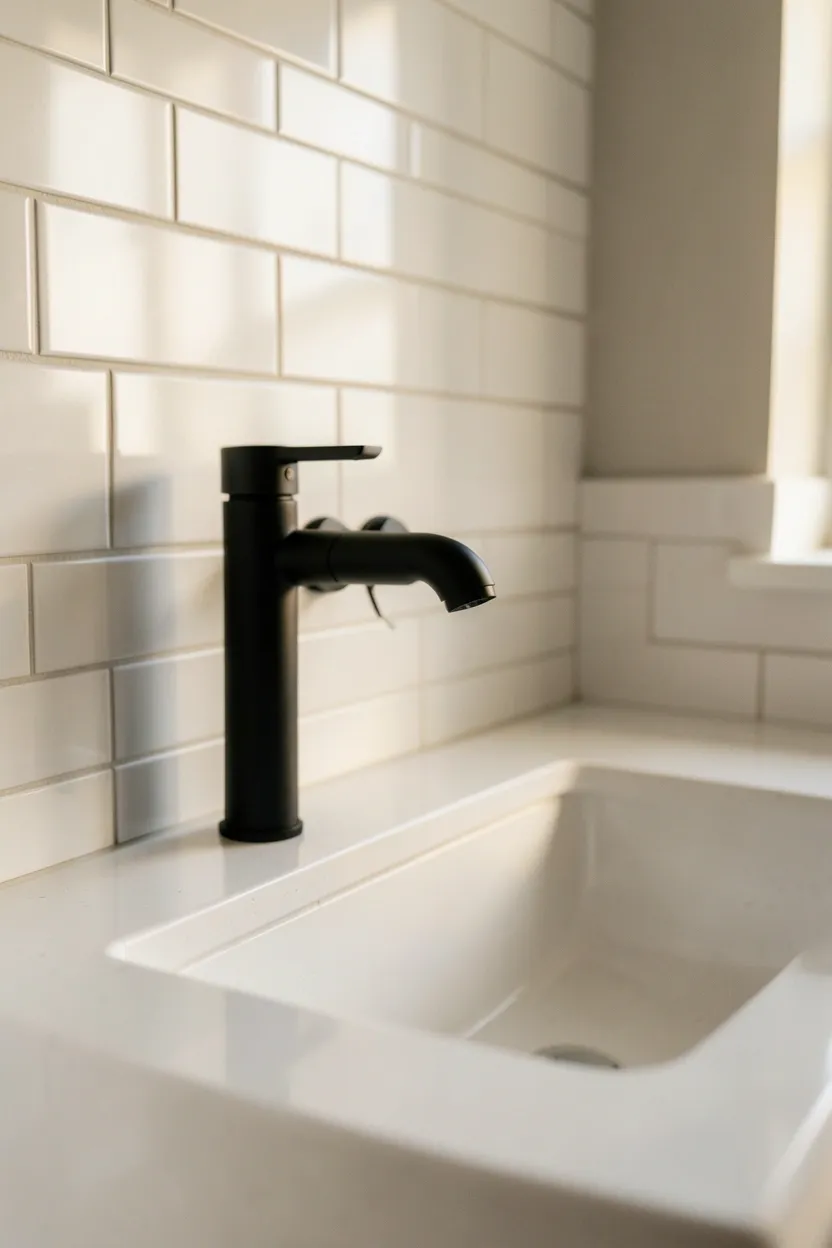 Matte black wall-mounted faucet extending from tiled wall over white vessel sink in a modern apartment bathroom, freeing up counter space with a sleek look