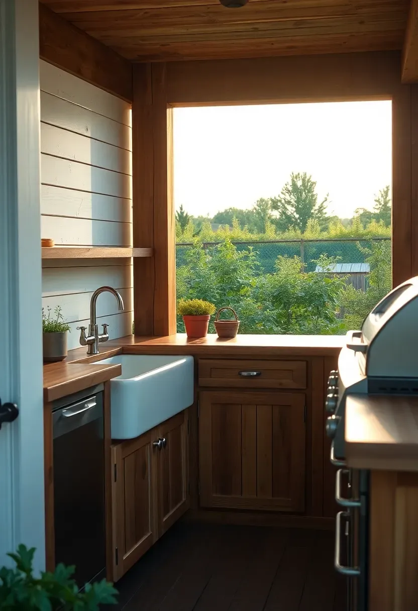 Hyper-realistic 3/4 view of a farmhouse outdoor kitchen with reclaimed barn wood cabinetry, white shiplap backing, fireclay farmhouse sink with bridge faucet, butcher block countertop section, and built-in charcoal grill. Materials: reclaimed barn wood, fireclay sink, butcher block, stainless steel grill. Warm late afternoon sun, rich wood tones with white painted accents. Nostalgic country mood, shallow depth of field with sharp focus on wood grain and sink details, vegetable garden visible in background. No text, no logos, no watermarks.</p>